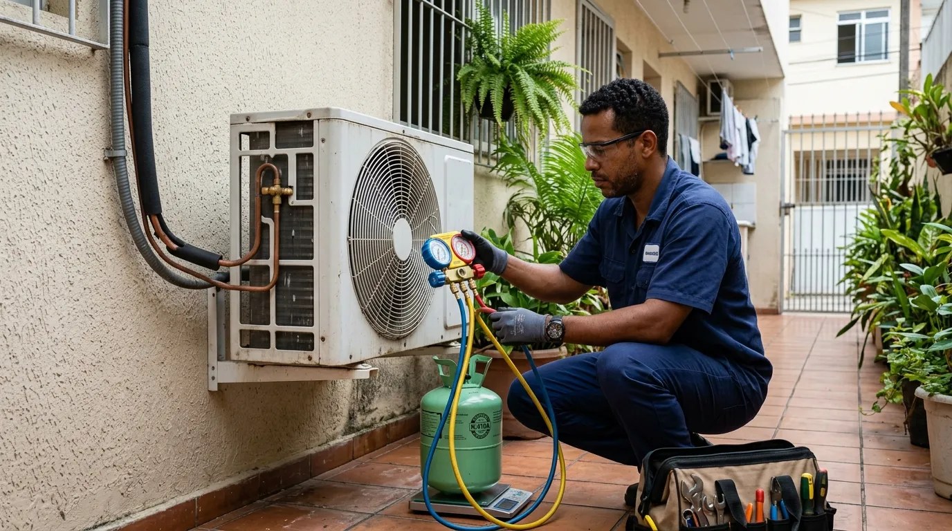 Técnico fazendo carga de gás na condensadora do ar-condicionado em Manaus‑AM