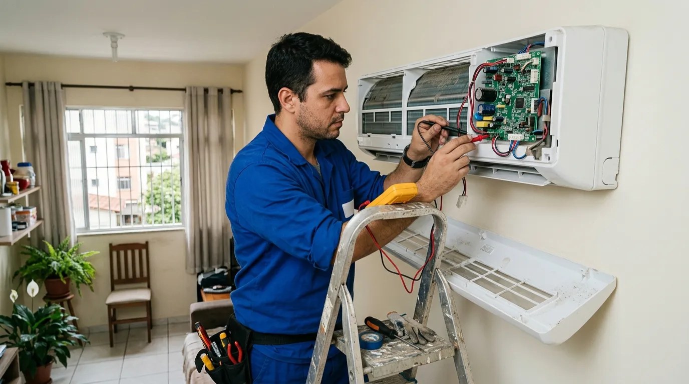Técnico trocando a placa eletrônica de ar-condicionado split em Manaus‑AM