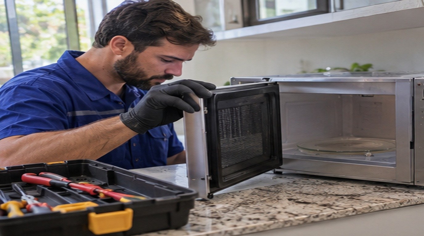 Conserto de micro-ondas em Manaus‑AM: técnico abrindo um micro-ondas de bancada