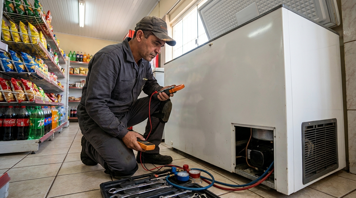 Reparo da placa eletrônica de um freezer em atendimento em Adrianópolis, Manaus‑AM