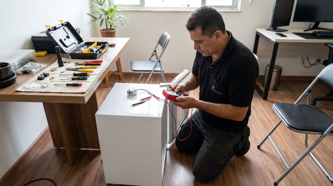 Manutenção da placa eletrônica de um frigobar em Compensa, Manaus‑AM