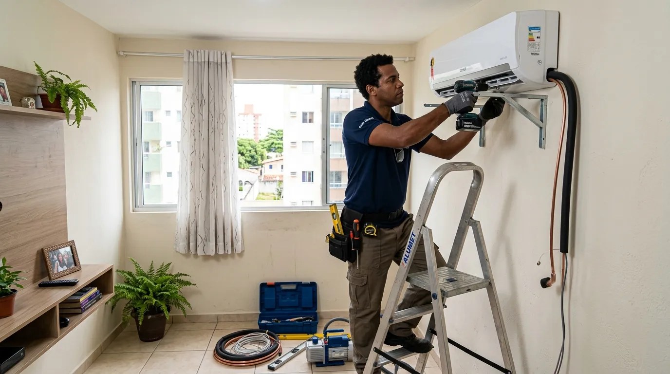 Técnico instalando ar-condicionado split em residência em Manaus‑AM