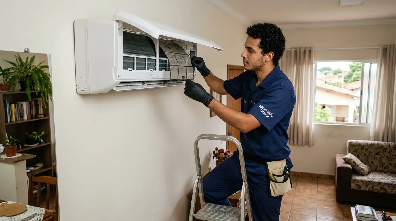 Técnico fazendo limpeza e higienização de ar-condicionado split em Manaus‑AM