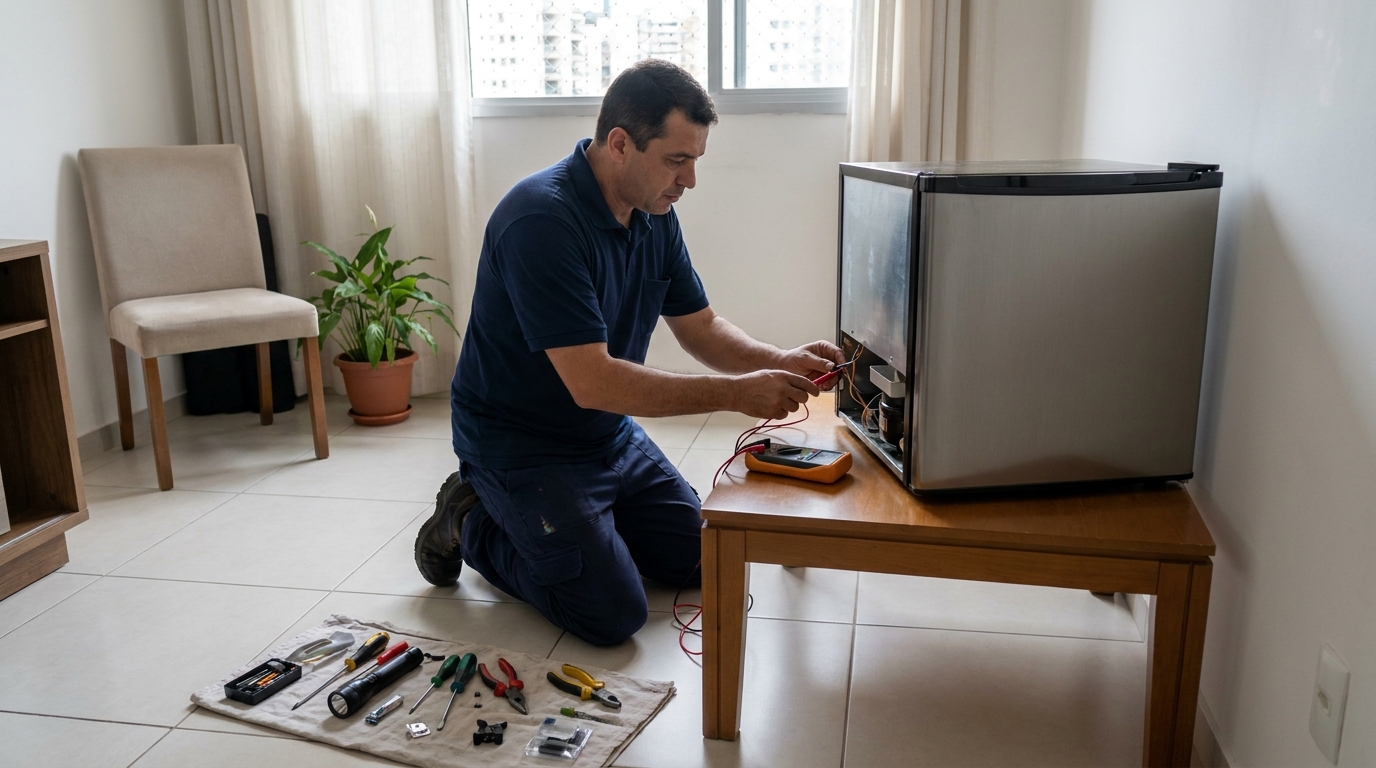 Técnico revisando o motor de um frigobar em Compensa, Manaus‑AM