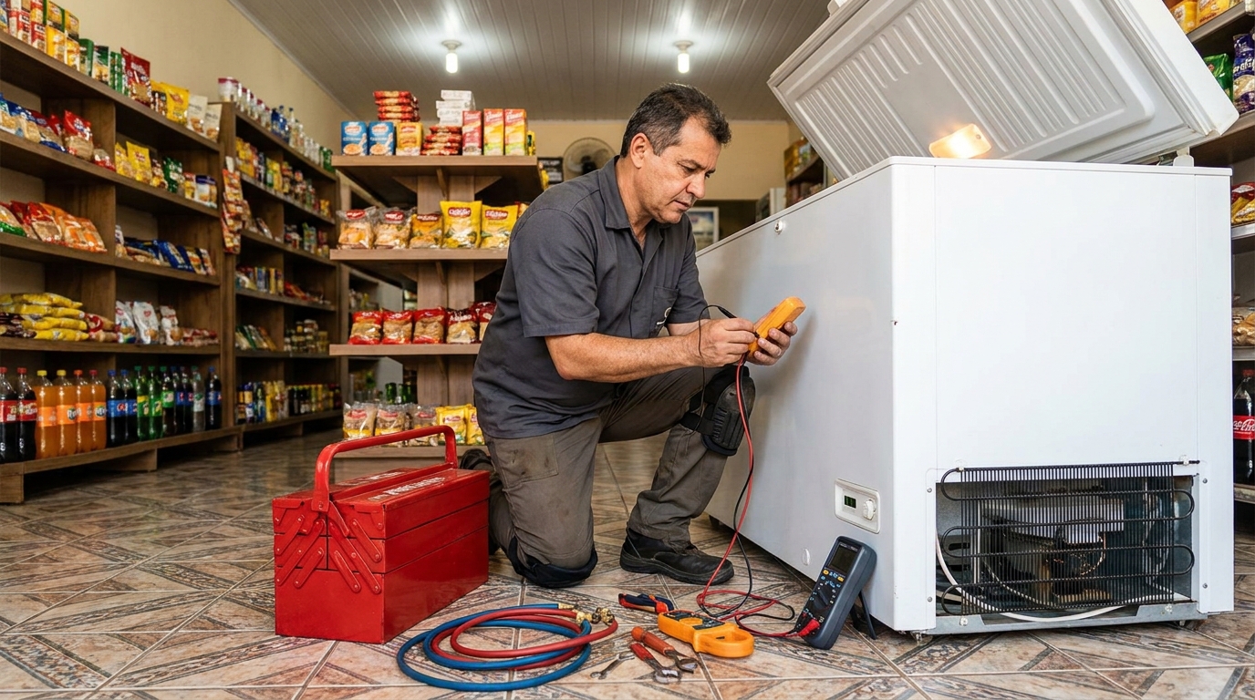 Manômetro conectado ao circuito durante recarga de gás de freezer em Adrianópolis, Manaus‑AM