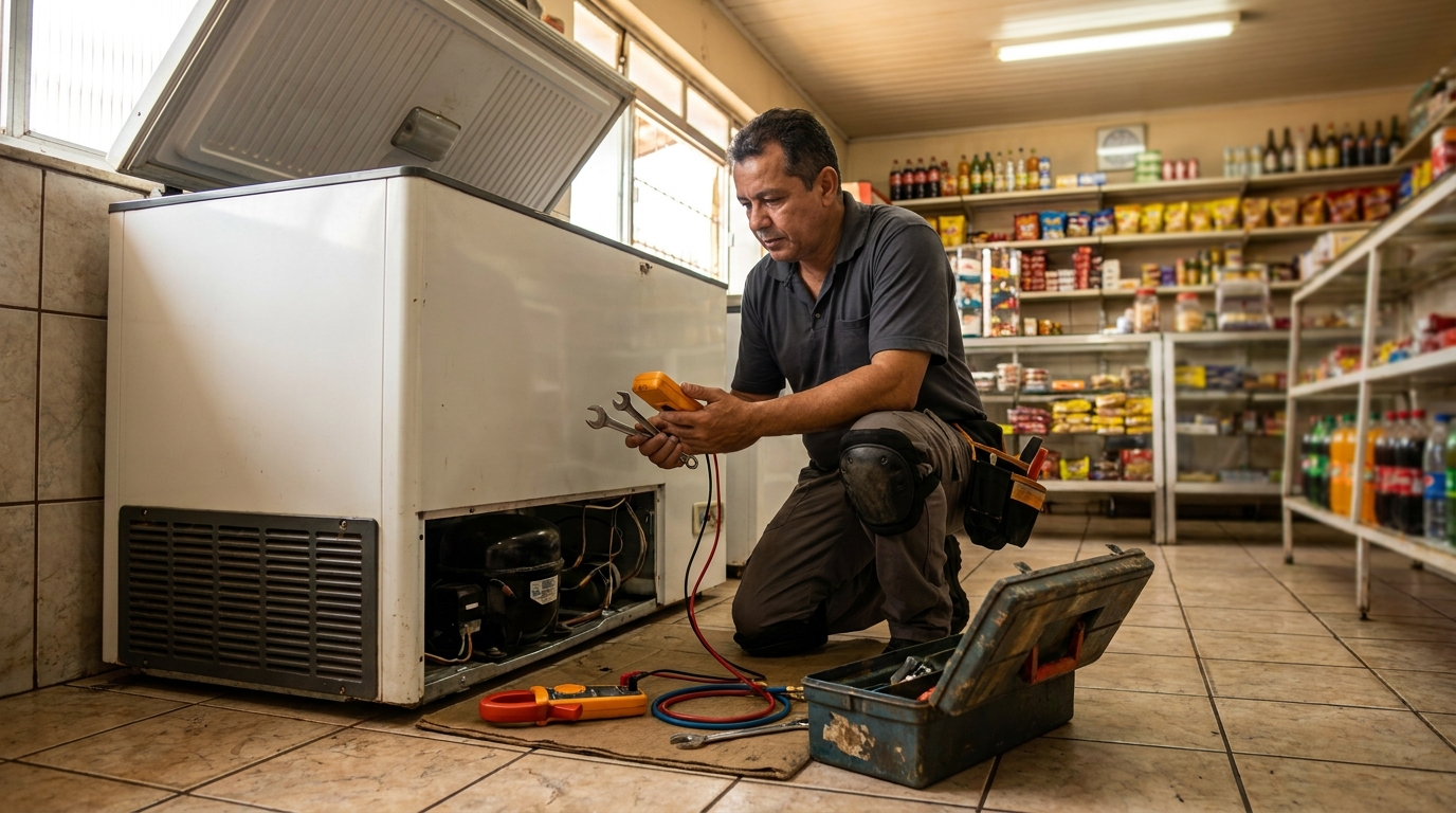 Técnico avaliando um freezer vertical durante atendimento em Adrianópolis, Manaus‑AM